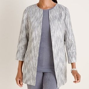 Chico’s Metallic Shine Traveler Textured Lurex Jacket Gray Silver Size 8-10 NWOT